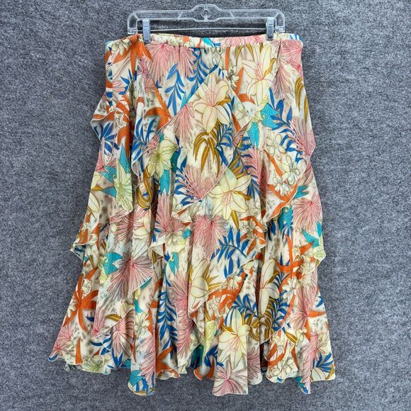 Signature Skirt Women 20W Plus Beige Floral A-Line Midi Ruffle Lined Pull On - Picture 1 of 6
